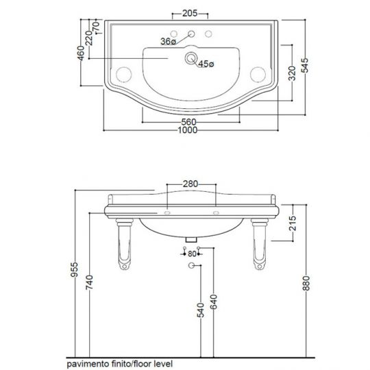 Тумба под раковину Kerasan Retro  734730 100Х46 с ящиками и дверками схема 2