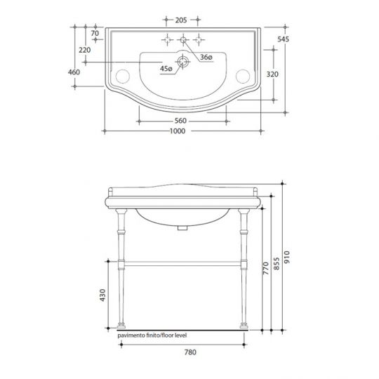 Консоль с раковиной Kerasan Retro  730090 100Х54 Хром схема 2
