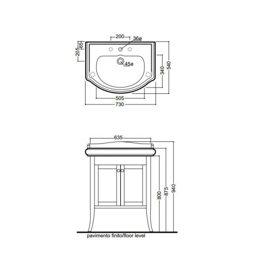 Тумба под раковину Kerasan Retro  734930 73Х54 с дверками схема 4