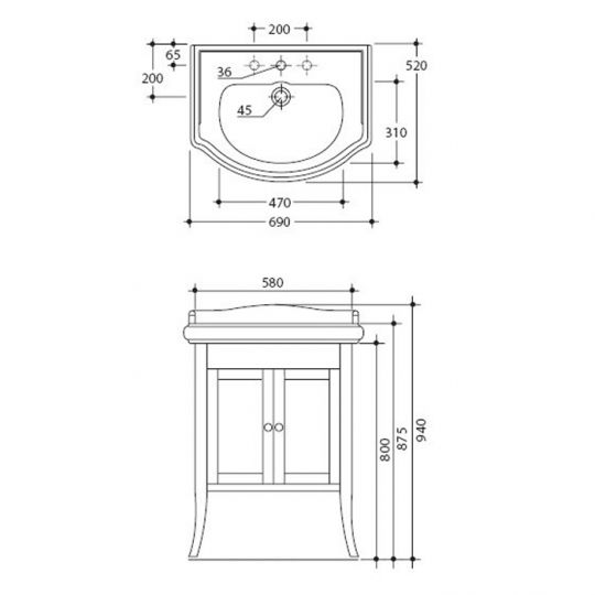 Тумба под раковину Kerasan Retro  735130 69Х52 с дверками схема 2