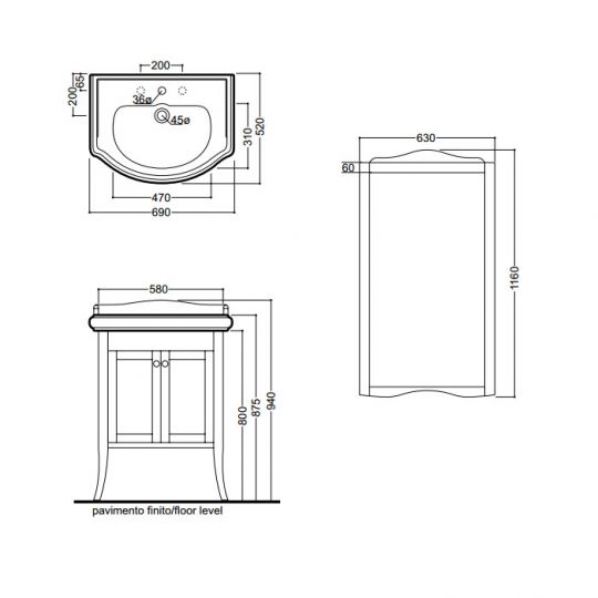 Тумба под раковину Kerasan Retro  735130 69Х52 с дверками схема 4