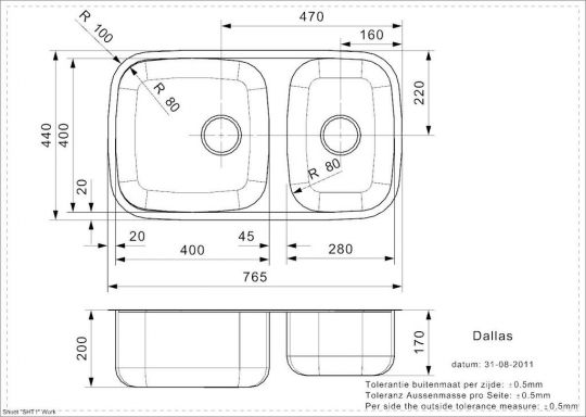 Кухонная мойка с 2 раковинами Reginox ELITE Dallas L* (реверсивная 77х44 см схема 2