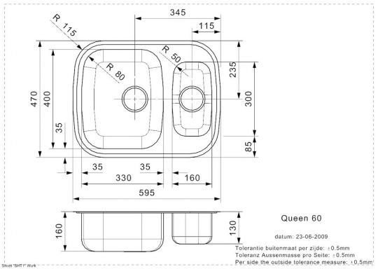Мойка для кухни с двумя чашами Reginox ELITE Queen R60* (реверсивная) 60х47 см схема 2