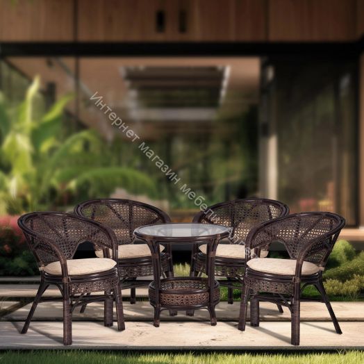 Комплект "PELANGI" 02/15 (стол со стеклом + 4 кресла) с подушками, ротанг, walnut (грецкий орех)