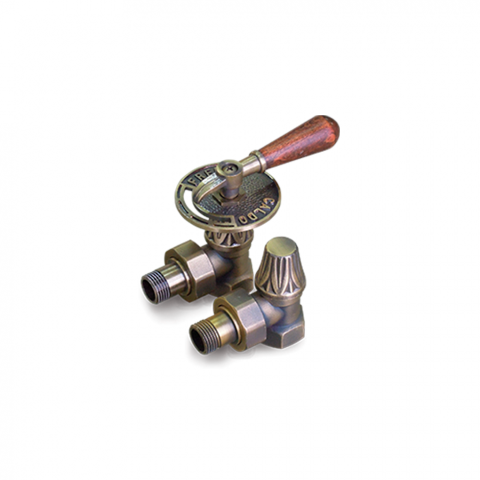 Изображение Комплект вентилей EXEMET угловых для чугунных радиаторов с деревянной ручкой, 1/2 (0320-1057Z000)