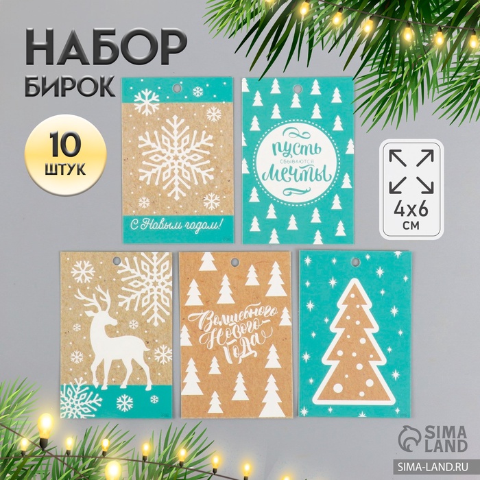 Набор бирок для подарков, цветов «Новый год», 10 шт. (5 видов), картон, 4?6 см