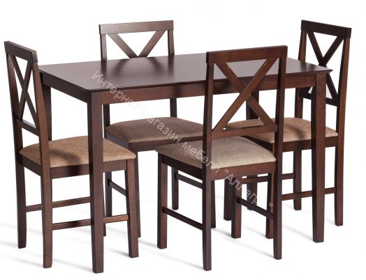 Обеденный комплект Хадсон (стол + 4 стула)/ Hudson Dining Set, дерево гевея/мдф, cappuccino/ткань корич.-золотой