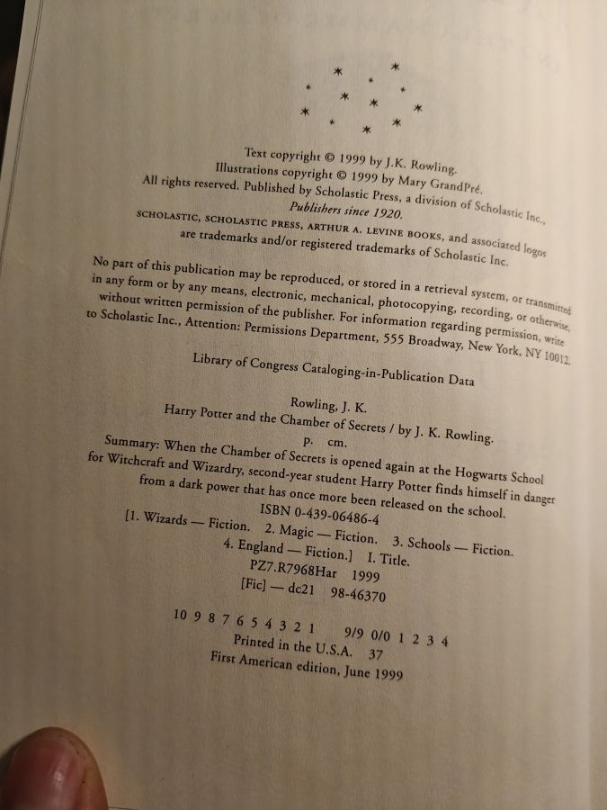 Harry Potter and the chamber of secrets американское издание первый тираж