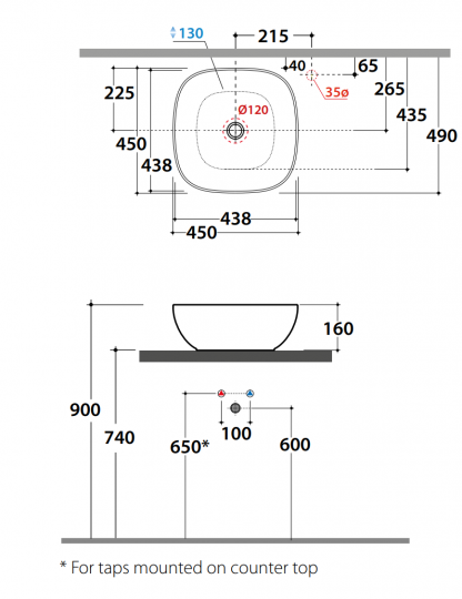 Накладная раковина Globo T-Edge Le Ciotole B6Q45 42 х 42 схема 2