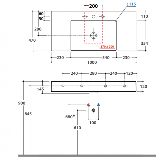 Раковина Globo Le Lastre T-Edge B6R101 100 х 47 схема 2