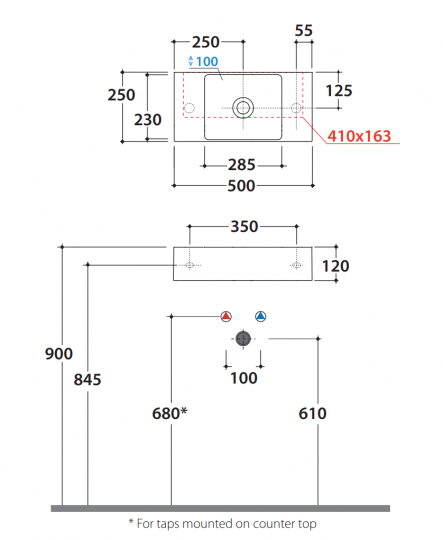 Раковина Globo Le Lastre B6R521D 50 х 25 с отверстием справа схема 2 Раковина Globo Le Lastre B6R521D 50 х 25 с отверстием справа схема 2