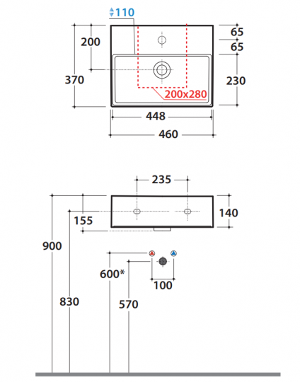 Раковина Globo T-Edge IN047 46 х 37 схема 2 Раковина Globo T-Edge IN047 46 х 37 схема 2
