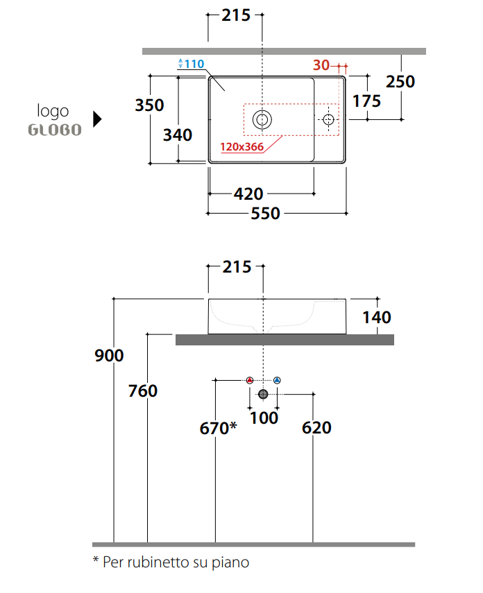 Накладная раковина Globo Le Lastre TE0551 55x35 ФОТО