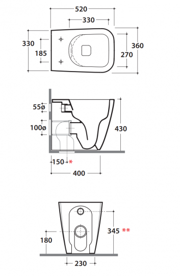 Напольный  унитаз Globo Stone ST004 52x36 см схема 2