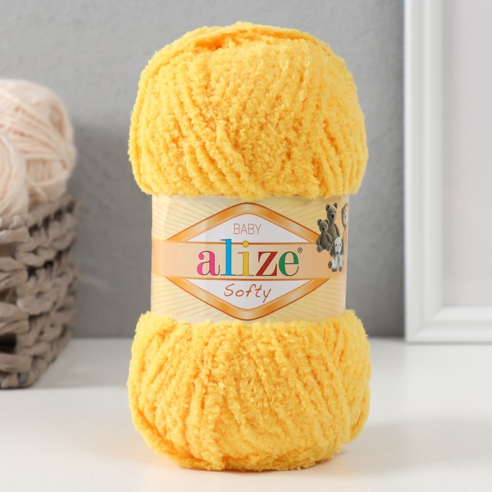 Плюшевая пряжа для вязания спицами, крючком ALIZE, Softy, 100% микрополиэстер, 115 м/50 г, (216 жёлтый)