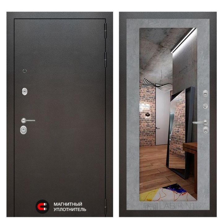 Входная дверь Лабиринт SILVER - Зеркало 18 Бетон светлый