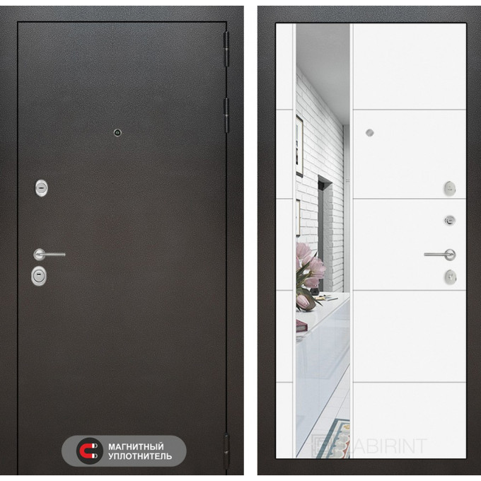 Входная дверь Лабиринт SILVER - Зеркало 19 Белый софт