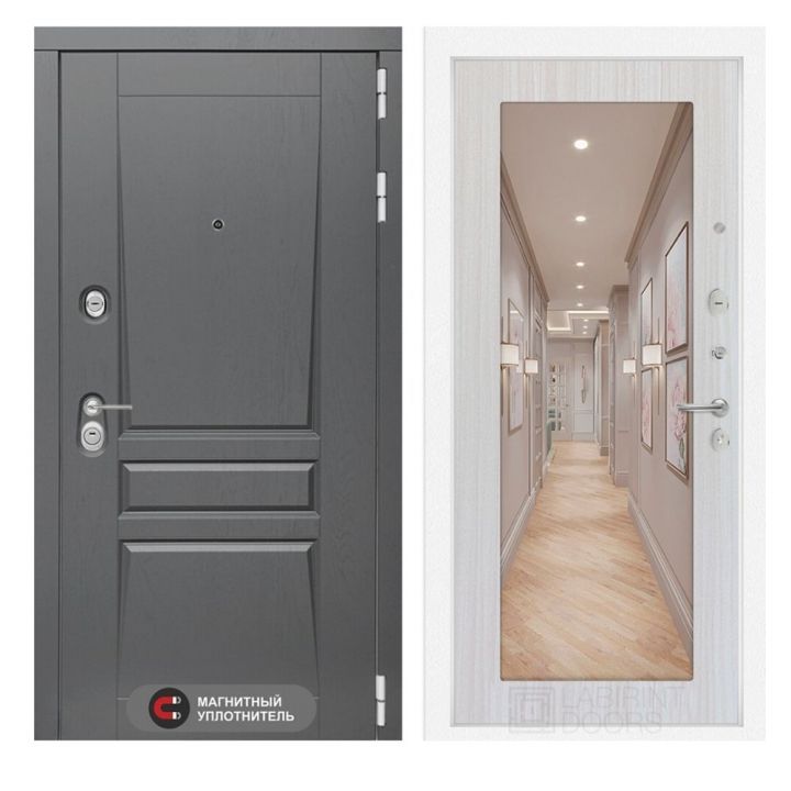 Входная дверь Лабиринт PLATINUM - Зеркало 18 Сандал белый