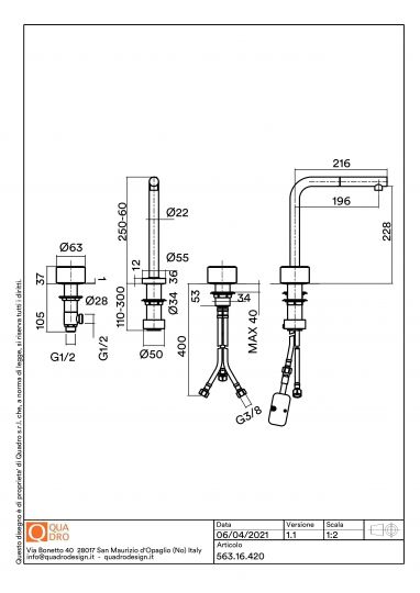 Смеситель кухонный встраиваемый Quadro design Idealaqua Inox 563.16.420 три отверстия схема 4
