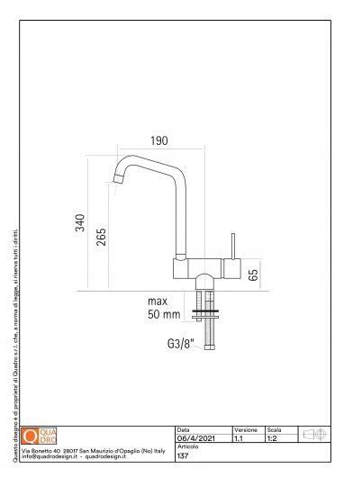 Кухонный смеситель Quadro design Kitchen Brass 137 CR для мойки под окном схема 2