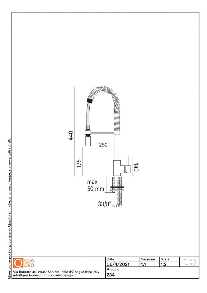 Смеситель для кухонной мойки Quadro design Kitchen Brass 284 CR с пружиной и двухструйным душем ФОТО