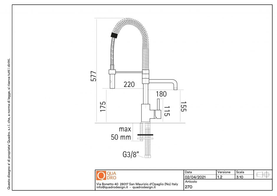 Смеситель для кухонной мойки Quadro design Kitchen Brass 270 CR с пружиной и двухструйным душем ФОТО