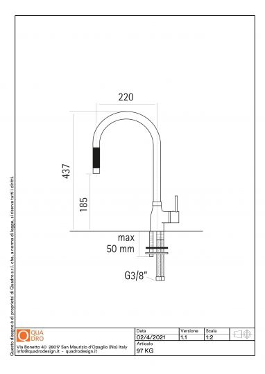 Кухонный смеситель Quadro design Kitchen Brass 97KG CR с выдвижным изливом схема 2 Кухонный смеситель Quadro design Kitchen Brass 97KG CR с выдвижным изливом схема 2