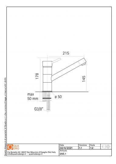 Смеситель для кухонной мойки Quadro design Kitchen Brass 293KG/1 CR поворотный излив схема 2