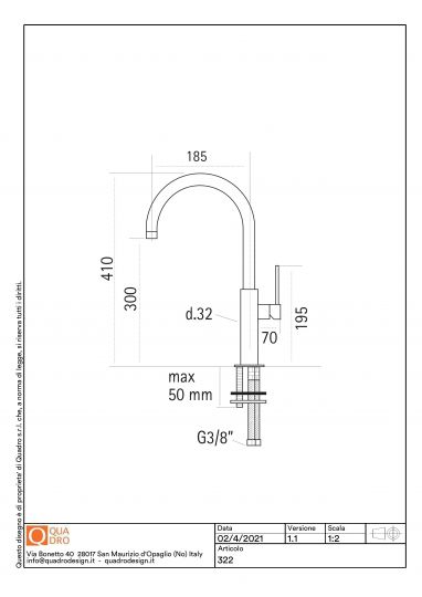 Кухонный смеситель Quadro design Kitchen Brass 322 CR с поворотным изливом схема 3