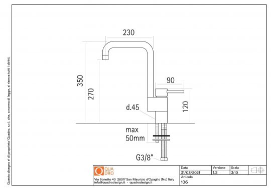 Кухонный смеситель Quadro design Kitchen Brass 106 поворотный излив схема 2