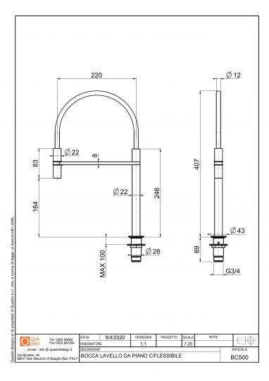 Излив кухонного смесителя Quadro design Kitchen Inox BC500 с гибким шлангом схема 2