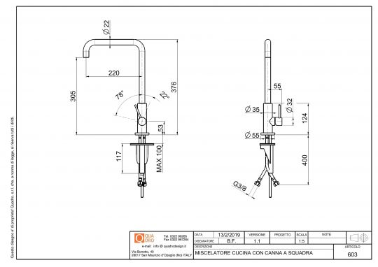 Кухонный смеситель Quadro design Kitchen Inox 603 поворотный излив схема 3