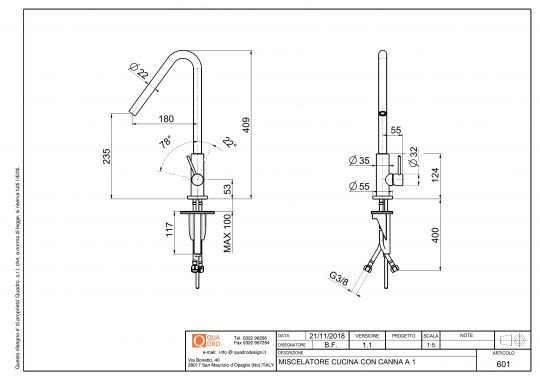 Смеситель для кухонной мойки Quadro design Kitchen Inox 601 с поворотным изливом схема 2