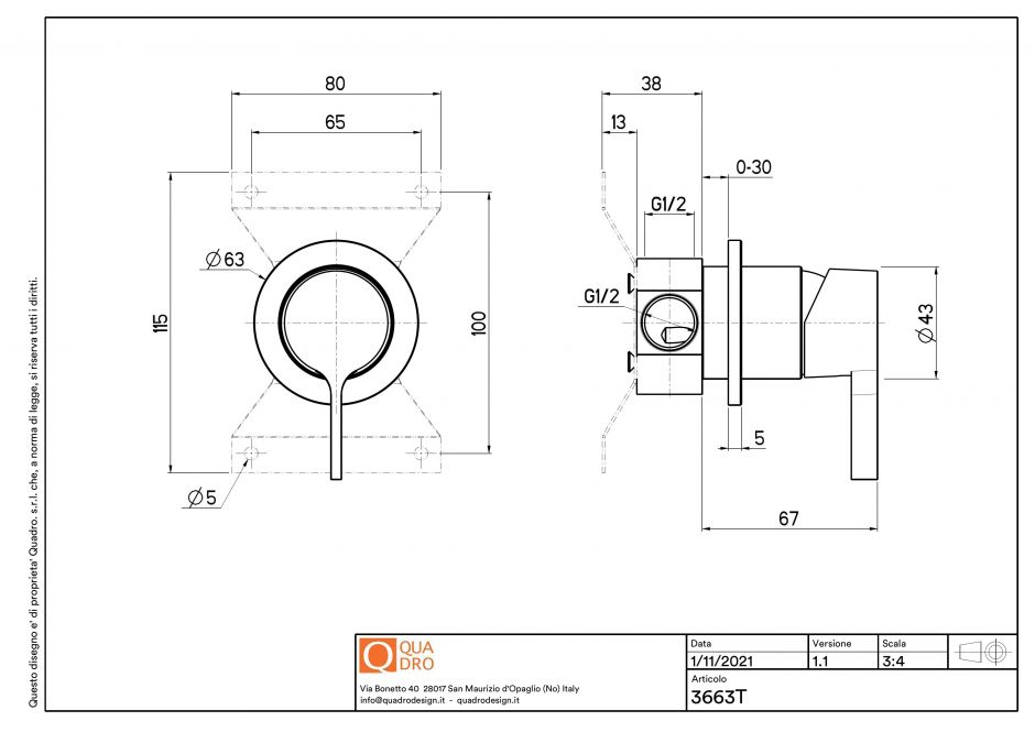 Рычаг смесителя встраиваемого в стену Quadro design Volcano 36 43.00 AS ФОТО