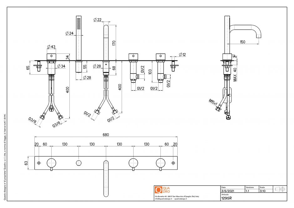Смеситель на борт ванны Quadro design Source 12 95R с изливом ФОТО
