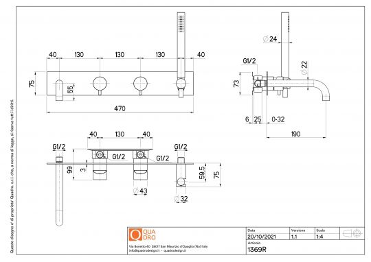 Смеситель для ванны и душа Quadro design Source 13 69R.00 AS четыре отверстия схема 2