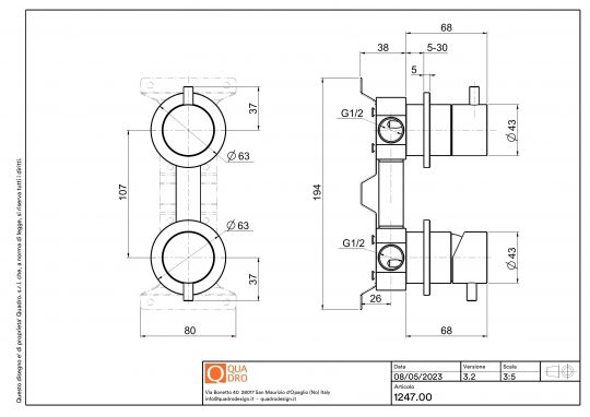 Смеситель для душа Quadro design Source 12 47.00 AS встраиваемый на два отверстия схема 6