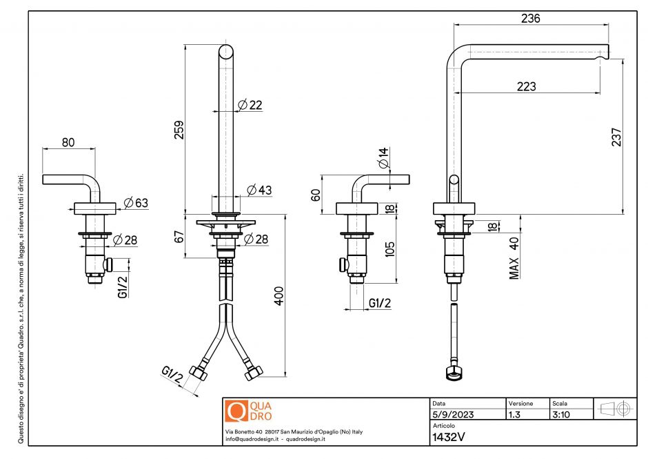 Смеситель для раковины Quadro design Levo 14 32V AS три отверстия высокий ФОТО