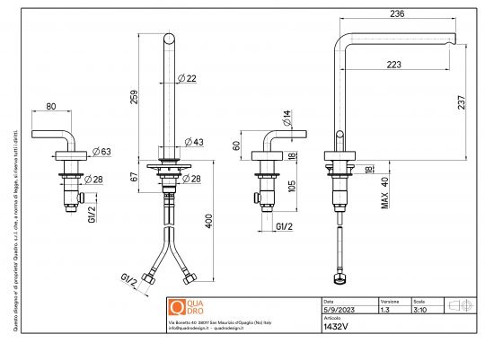 Смеситель для раковины Quadro design Levo 14 32V AS три отверстия высокий схема 2