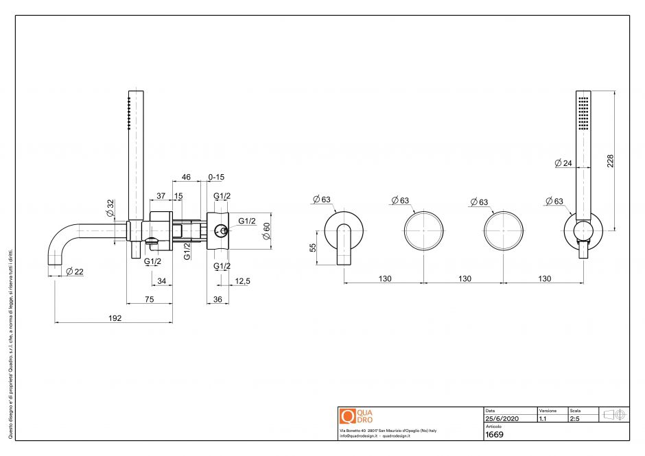 Смеситель для ванны и душа Quadro design Stereo 16 69 настенный ФОТО