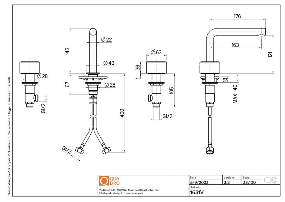 Смеситель для раковины Quadro design Stereo 16 31V встраиваемый 3 отверстия ФОТО