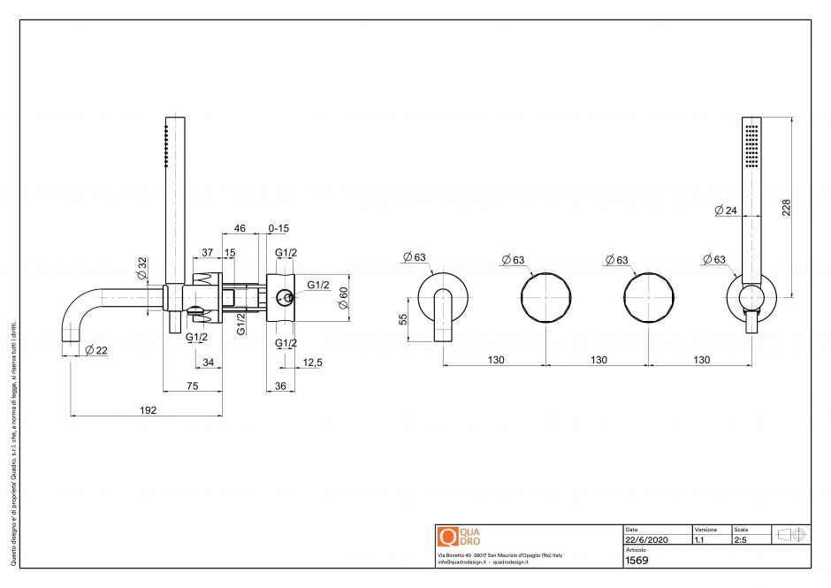 Смеситель для ванны и душа Quadro design HB 15 69 AS настенный ФОТО
