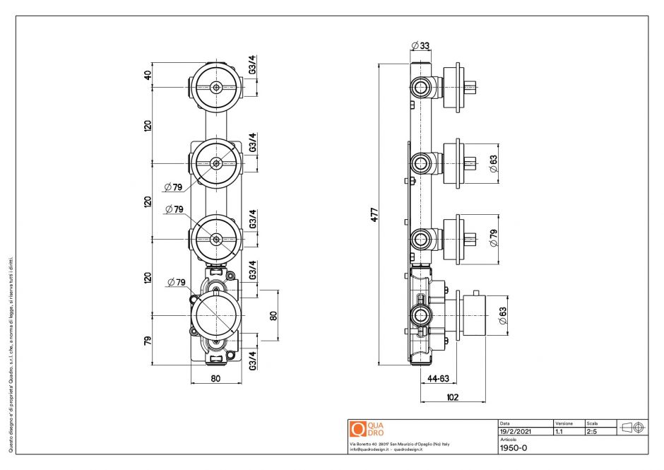 Термостатический смеситель Quadro design Valvola01 19 50.0.00 три запорных крана ФОТО
