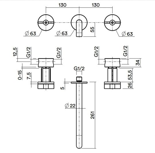 Смеситель для раковины Quadro design Valvola01 19 10V на 3 отверстия монтаж в стену схема 5