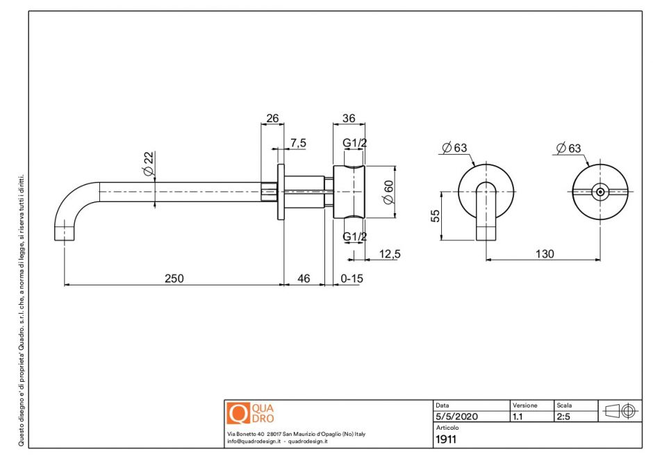 Смеситель для раковины Quadro design Valvola01 19 11 монтаж в стену ФОТО