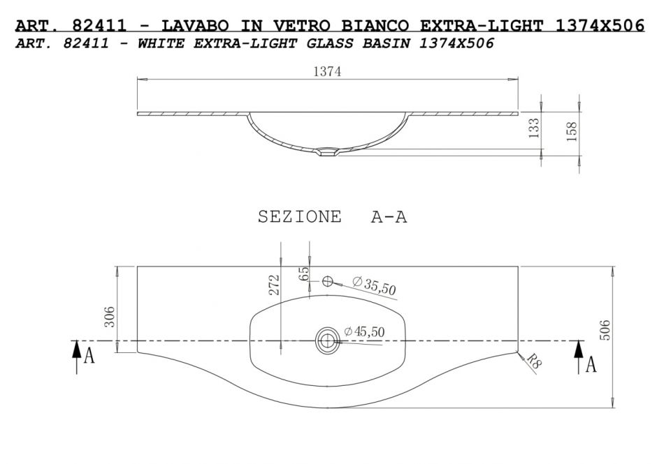 Стеклянная раковина Cezares 82430 138х52 ФОТО