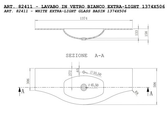 Стеклянная раковина Cezares 82430 138х52 схема 2