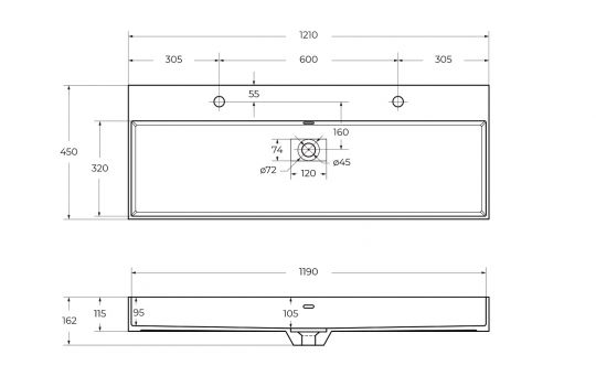 Раковина мебельная из искусственного мрамора Cezares 50314 121х45х11,5 схема 2