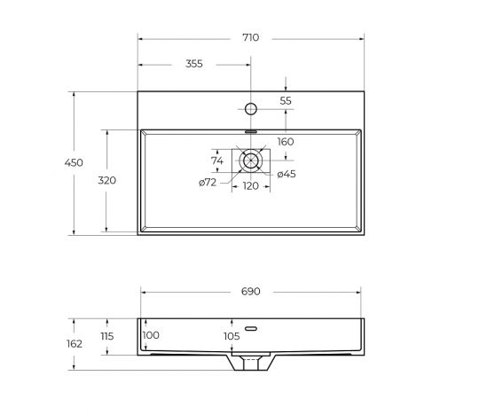 Раковина мебельная из искусственного мрамора Cezares 50313 71х45х11,5 схема 2
