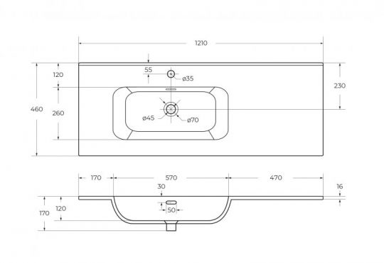 Керамическая раковина Cezares  CZR-8095 чаша слева/справа, глубина 46см схема 4